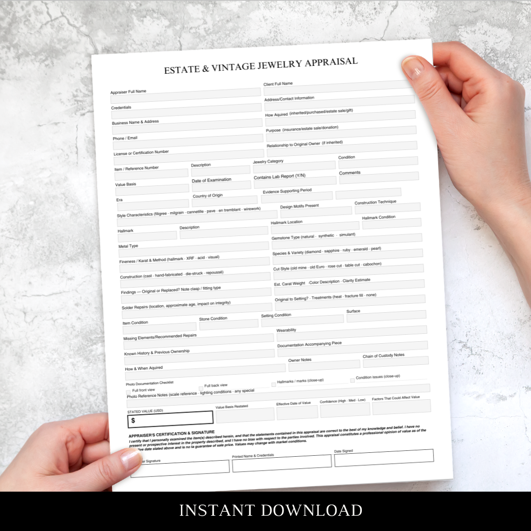 Estate & Vintage Jewelry Professional Appraisal Form (DIGITAL DOWNLOAD)