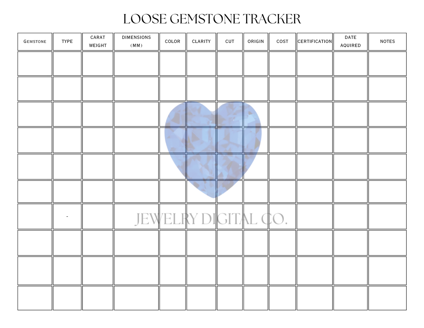 loose diamond gemstone tracker template pdf printable