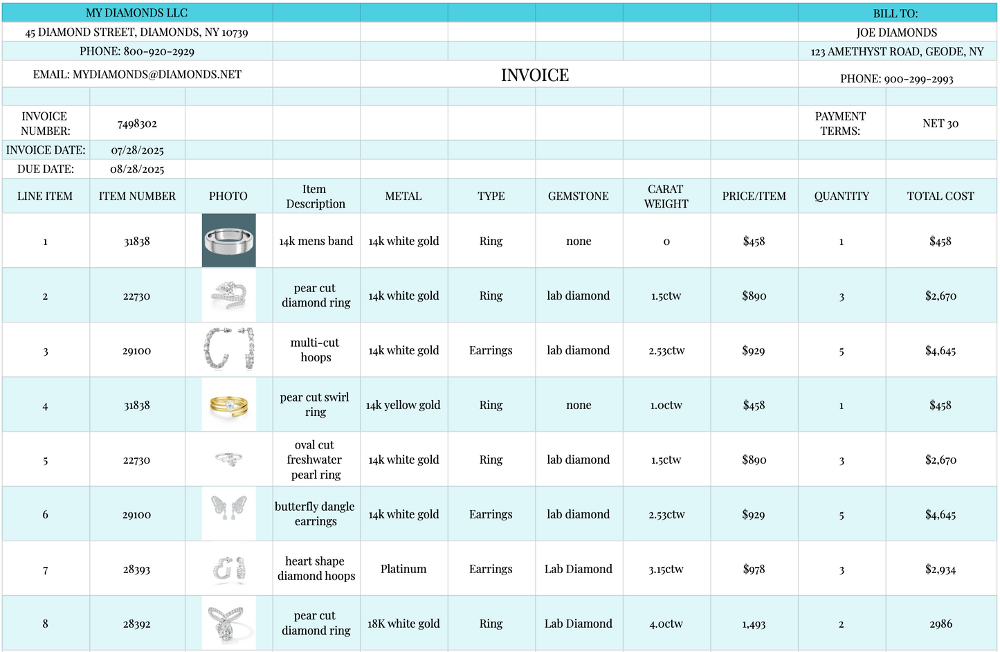 Diamond Jewelry Invoice Google Sheets Excel Template | Instant Download