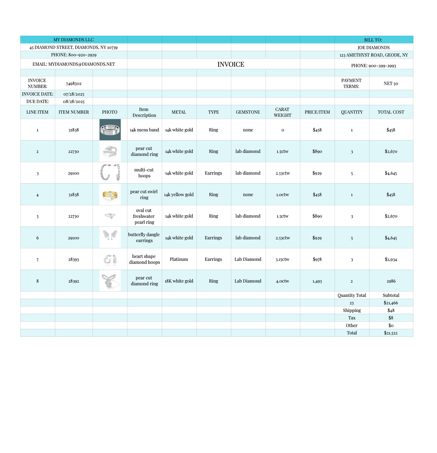 Diamond Jewelry Invoice Google Sheets Excel Template | Instant Download