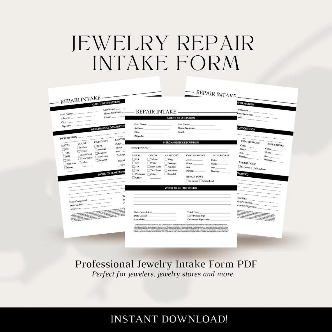 Jewelry Repair Intake Form PDF (Digital)