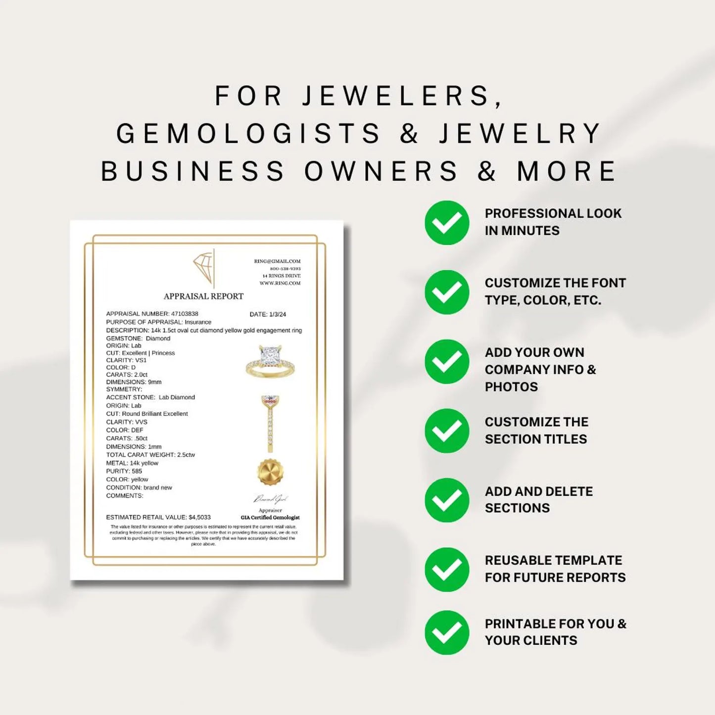professional jewelry appraisal template for gemologists