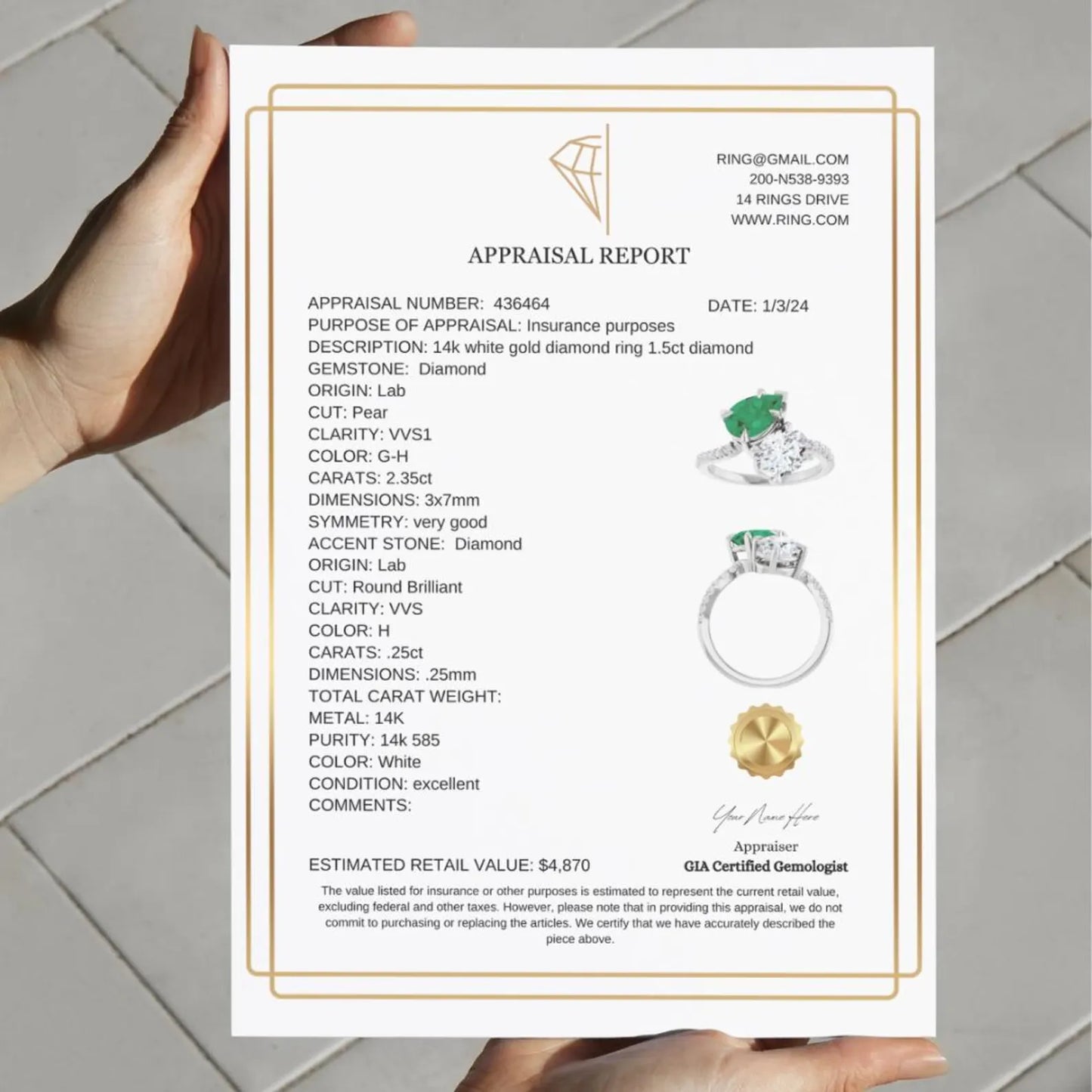 jewelry appraisal template for jewelers