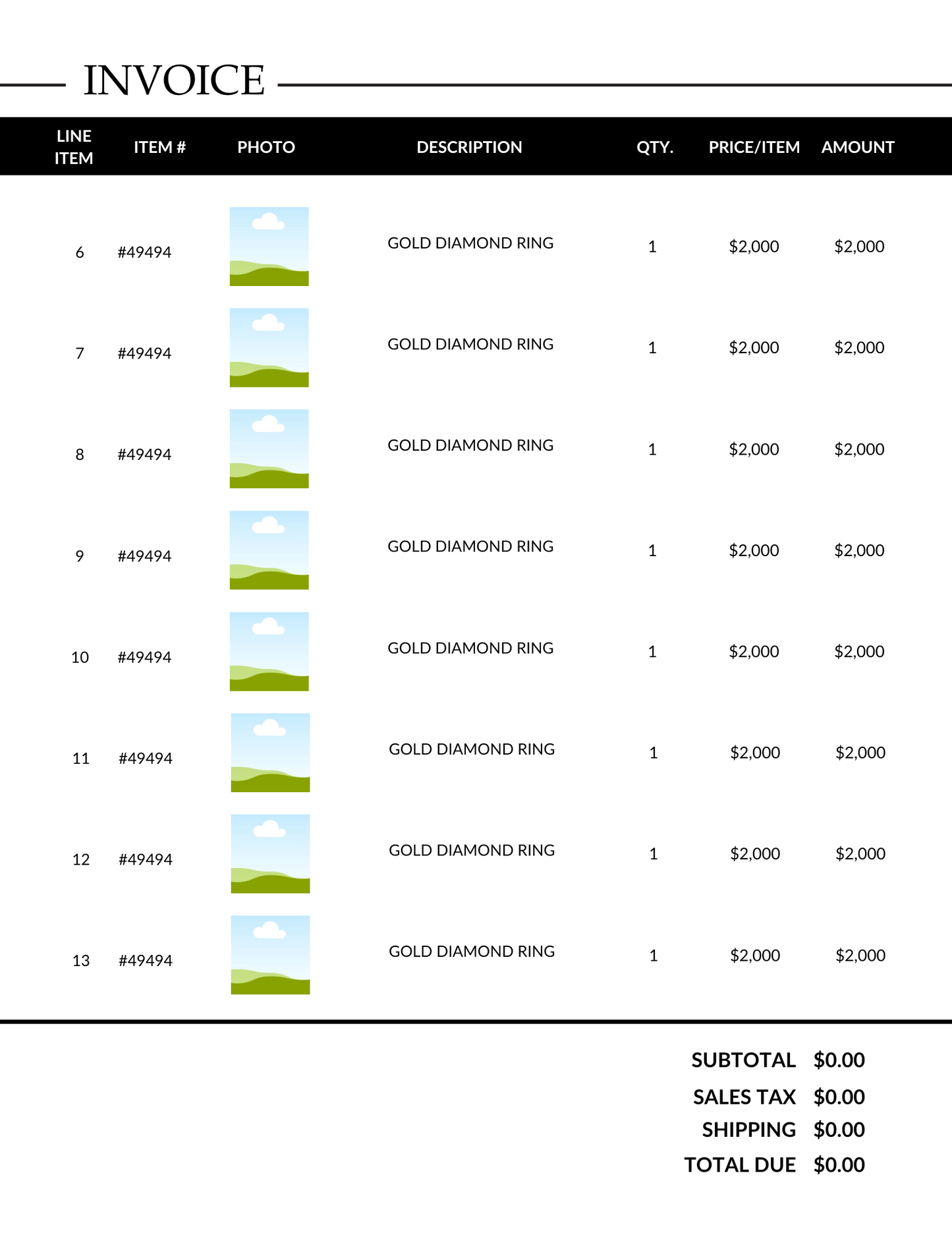 Invoice for gold diamond rings with product details and pricing.
