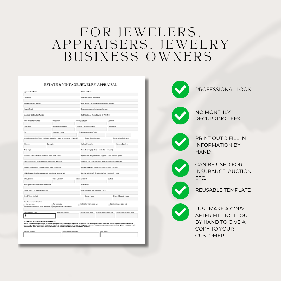 Estate & Vintage Jewelry Professional Appraisal Form (DIGITAL DOWNLOAD)