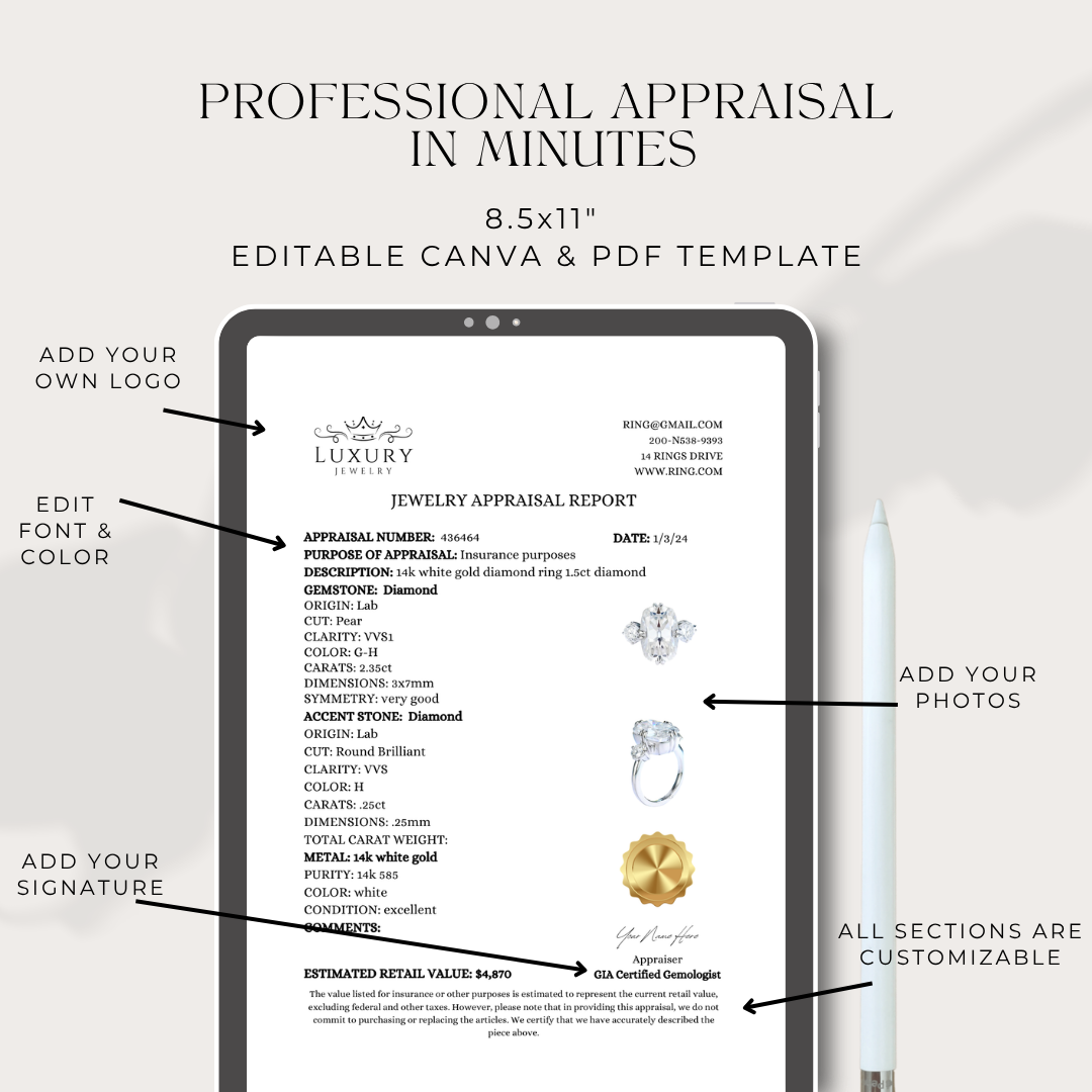 Ring Insurance Appraisal Report Template PDF Instant Download For Jewelry Business Owners Only (DIGITAL)