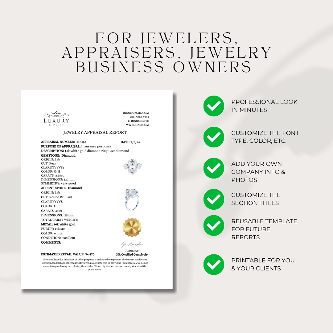Ring Insurance Appraisal Report Template PDF Instant Download For Jewelry Business Owners Only (DIGITAL)