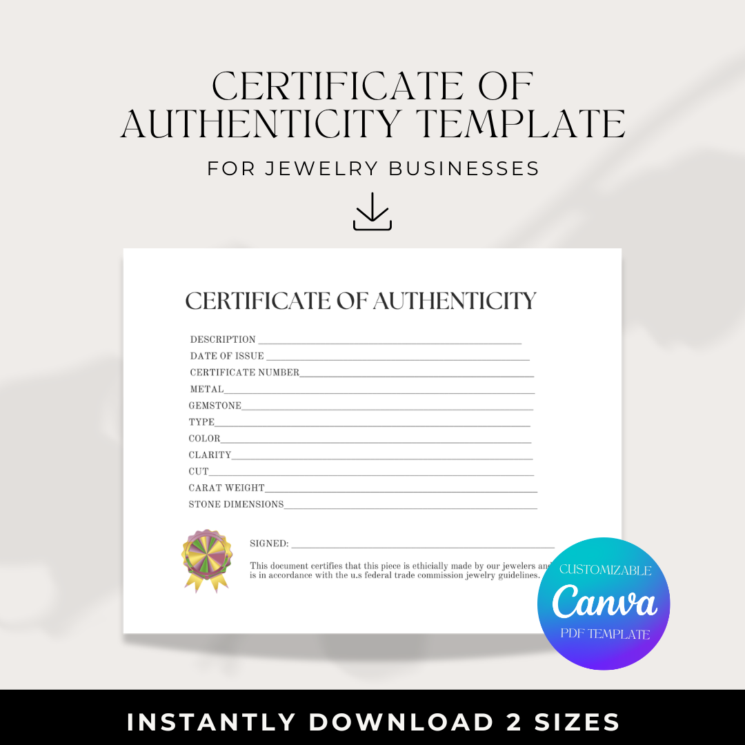 Jewelry Certificate of Authenticity Pack (PHYSICAL COPIES + PDF)