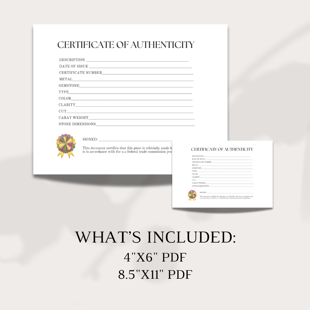 Jewelry Certificate of Authenticity Pack (PHYSICAL COPIES + PDF)