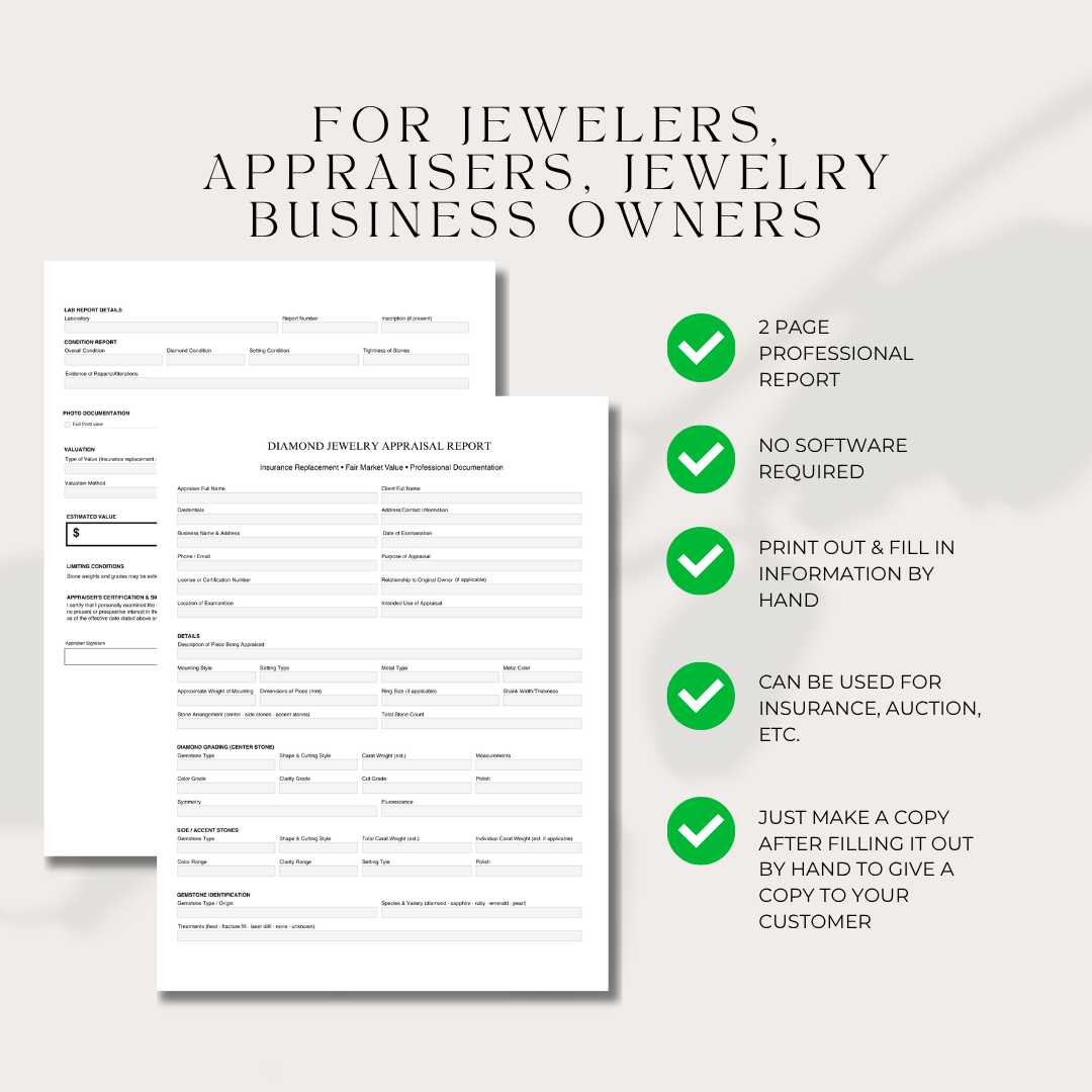 Diamond Jewelry Professional Appraisal Form PDF (Digital Download)