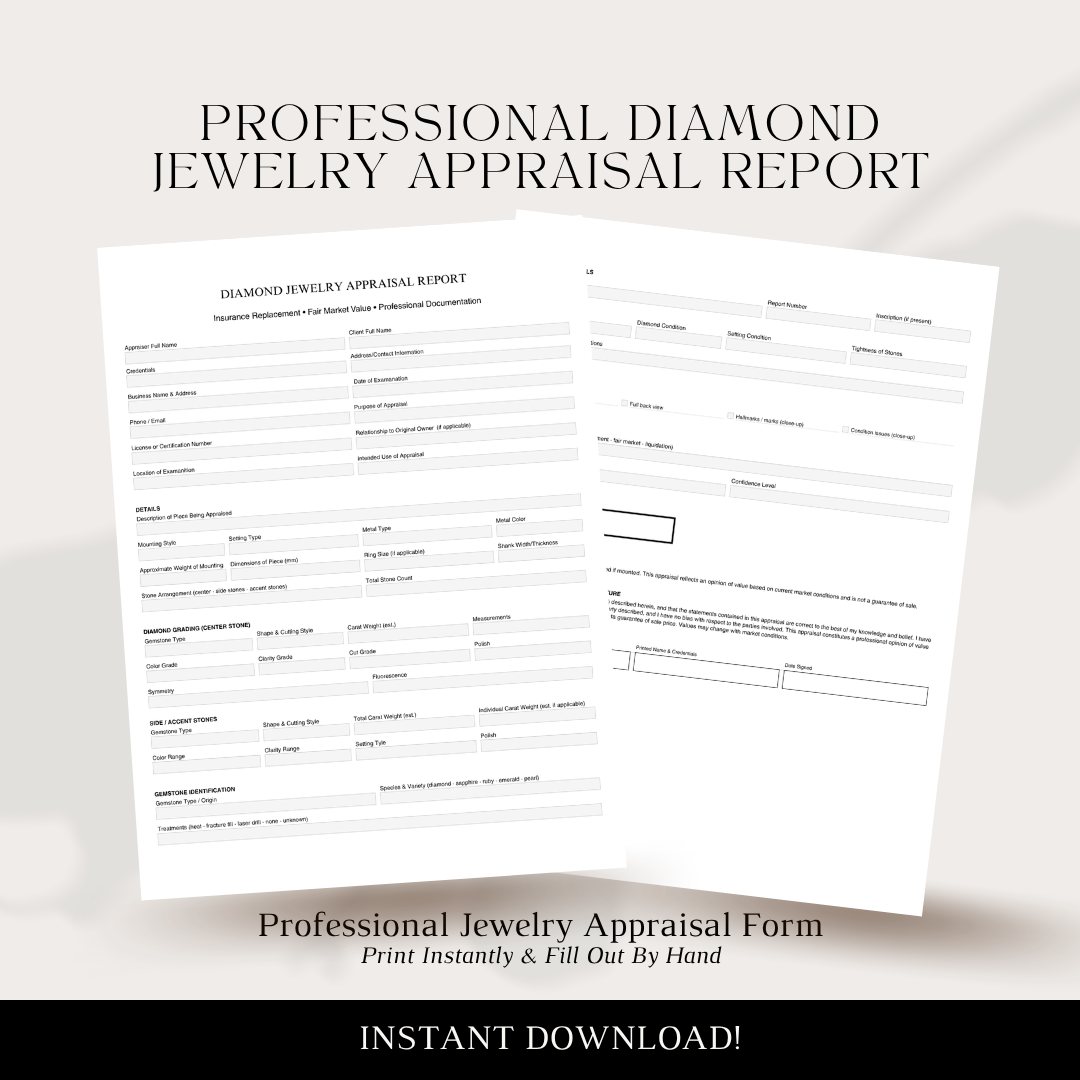 Diamond Jewelry Professional Appraisal Form PDF (Digital Download)
