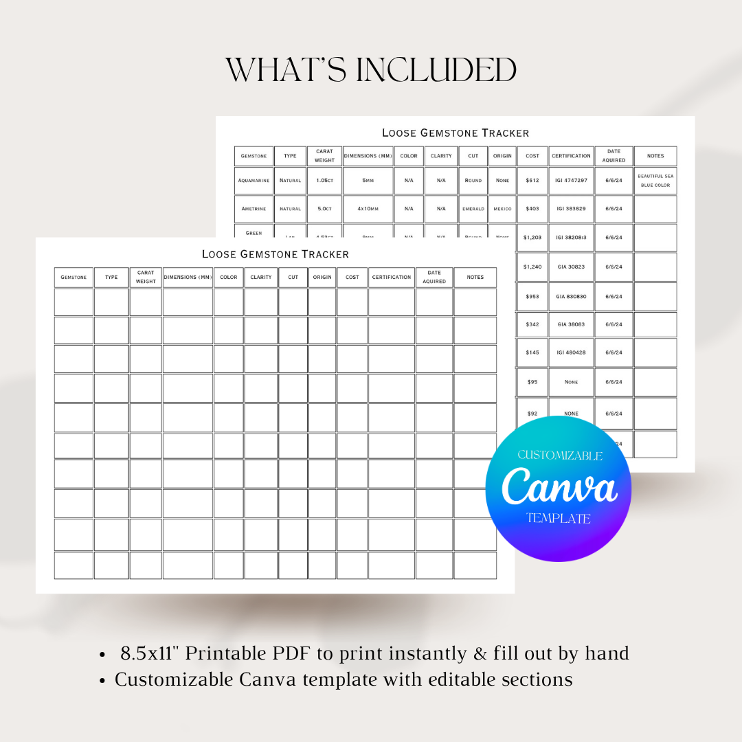 Diamond Inventory Tracker Printable PDF & Canva Template