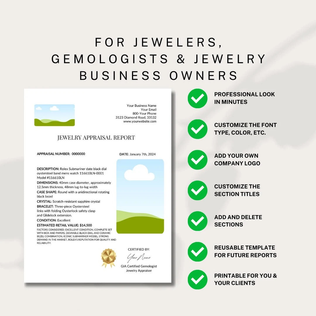 Luxury Watch Appraisal Template PDF For Jewelers, Jewelry Appraisers | Digital Download