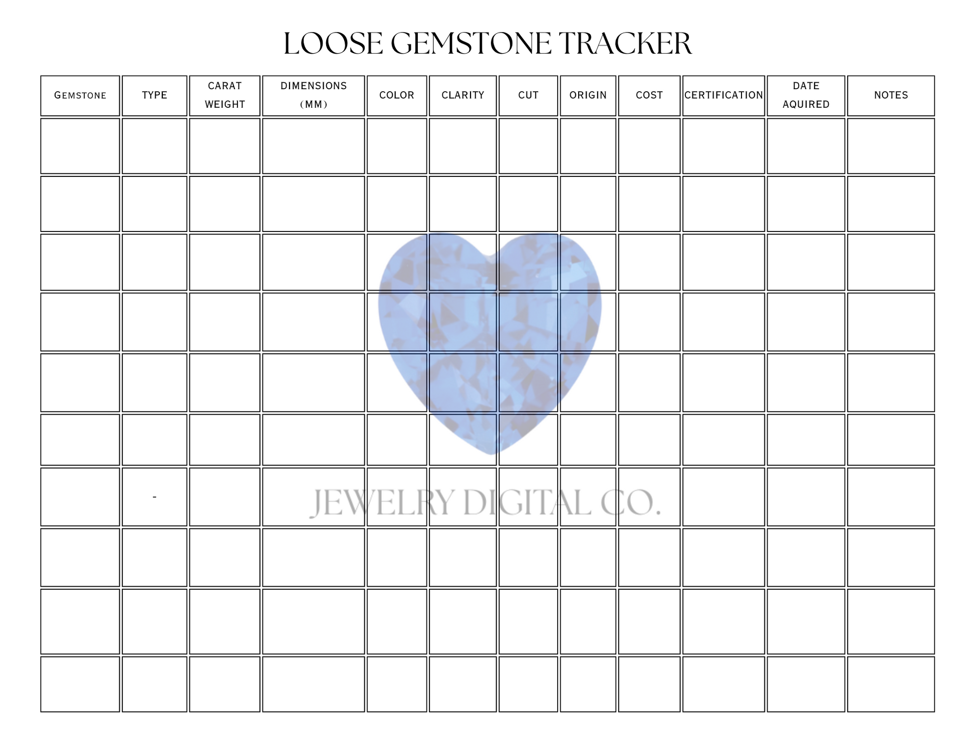 loose diamond gemstone tracker template pdf printable

