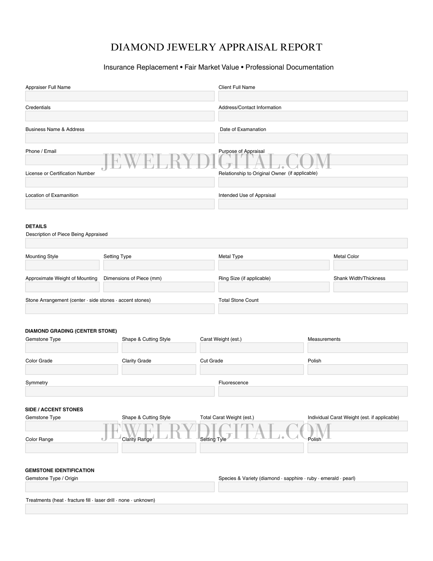 Diamond Jewelry Professional Appraisal Form PDF (Digital Download)