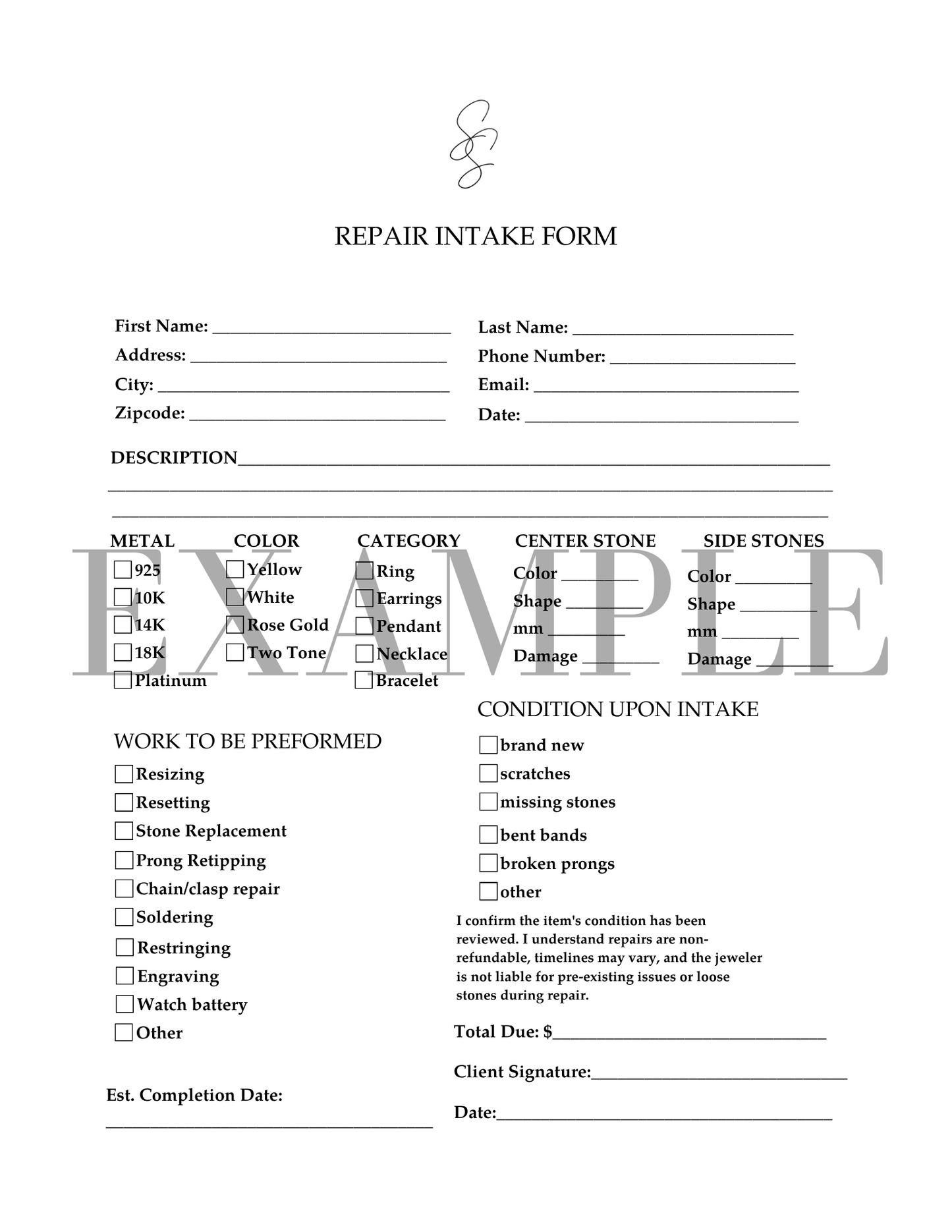 jewelry repair intake form

