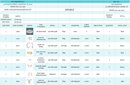 Diamond Jewelry Invoice Google Sheets Excel Template | Instant Download