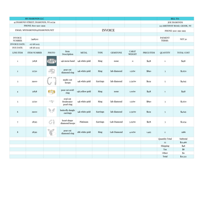 Diamond Jewelry Invoice Google Sheets Excel Template | Instant Download