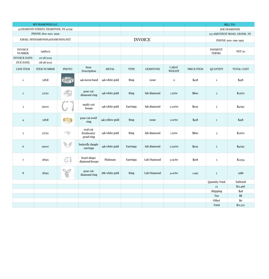 Diamond Jewelry Invoice Google Sheets Excel Template | Instant Download