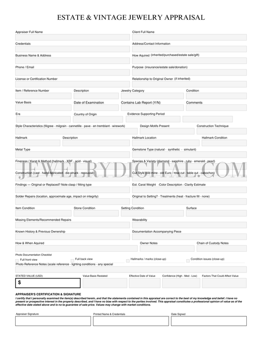 estate jewelry valuation appraisal printable form