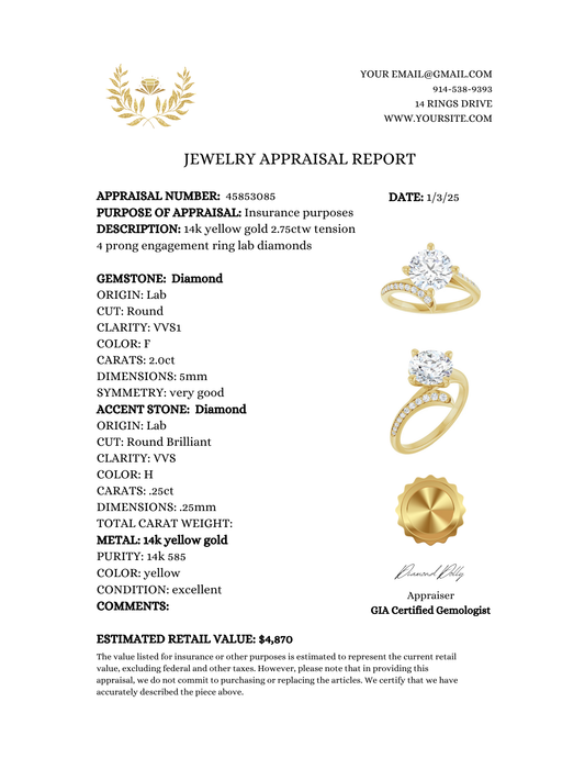 Jewelry appraisal report with a gold ring and diamond illustration on a white background