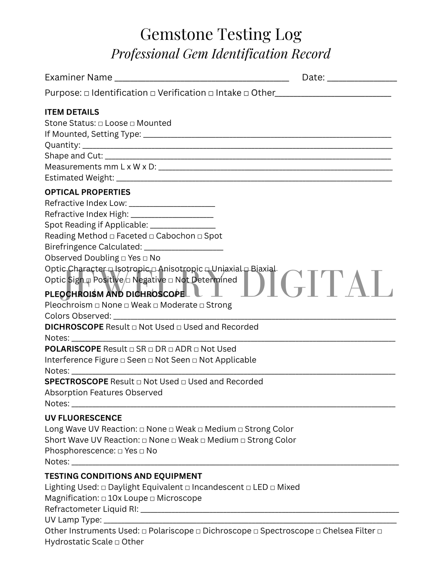 professional gemstone testing log pdf printable for gemologists