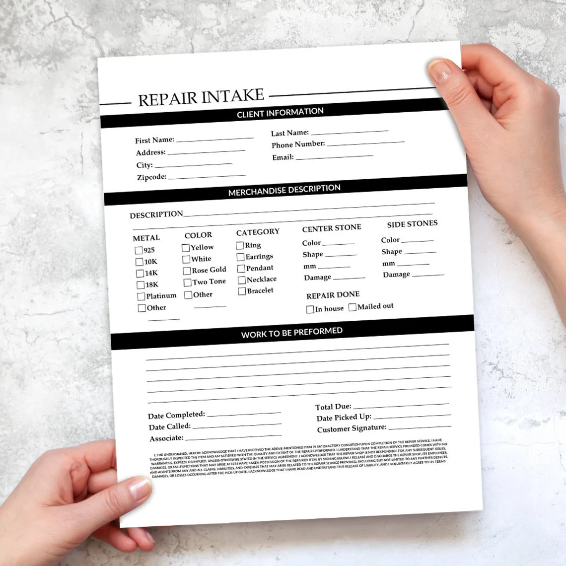 jewelry repair intake printable form