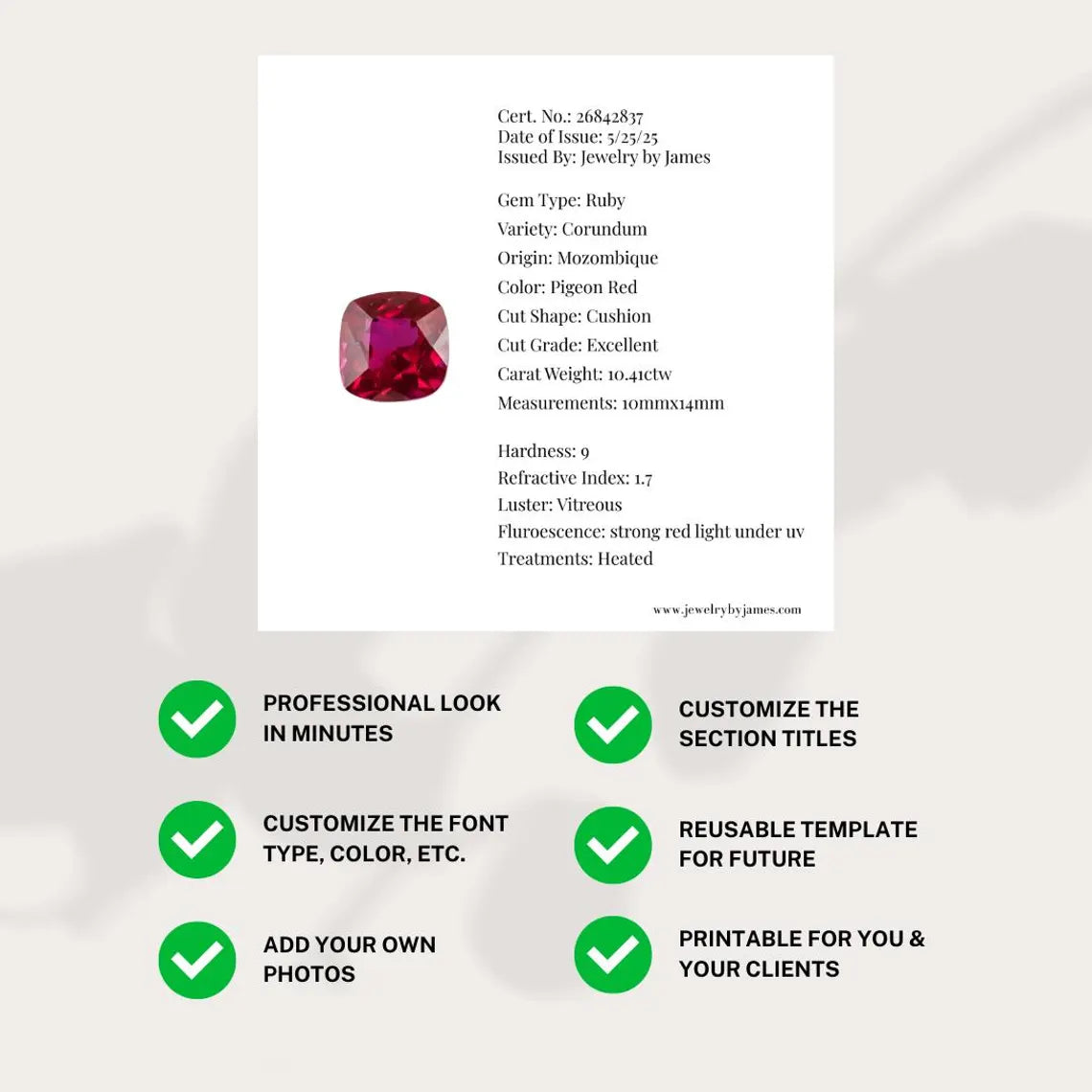 Gemstone Certificate Card Template Square (DIGITAL)