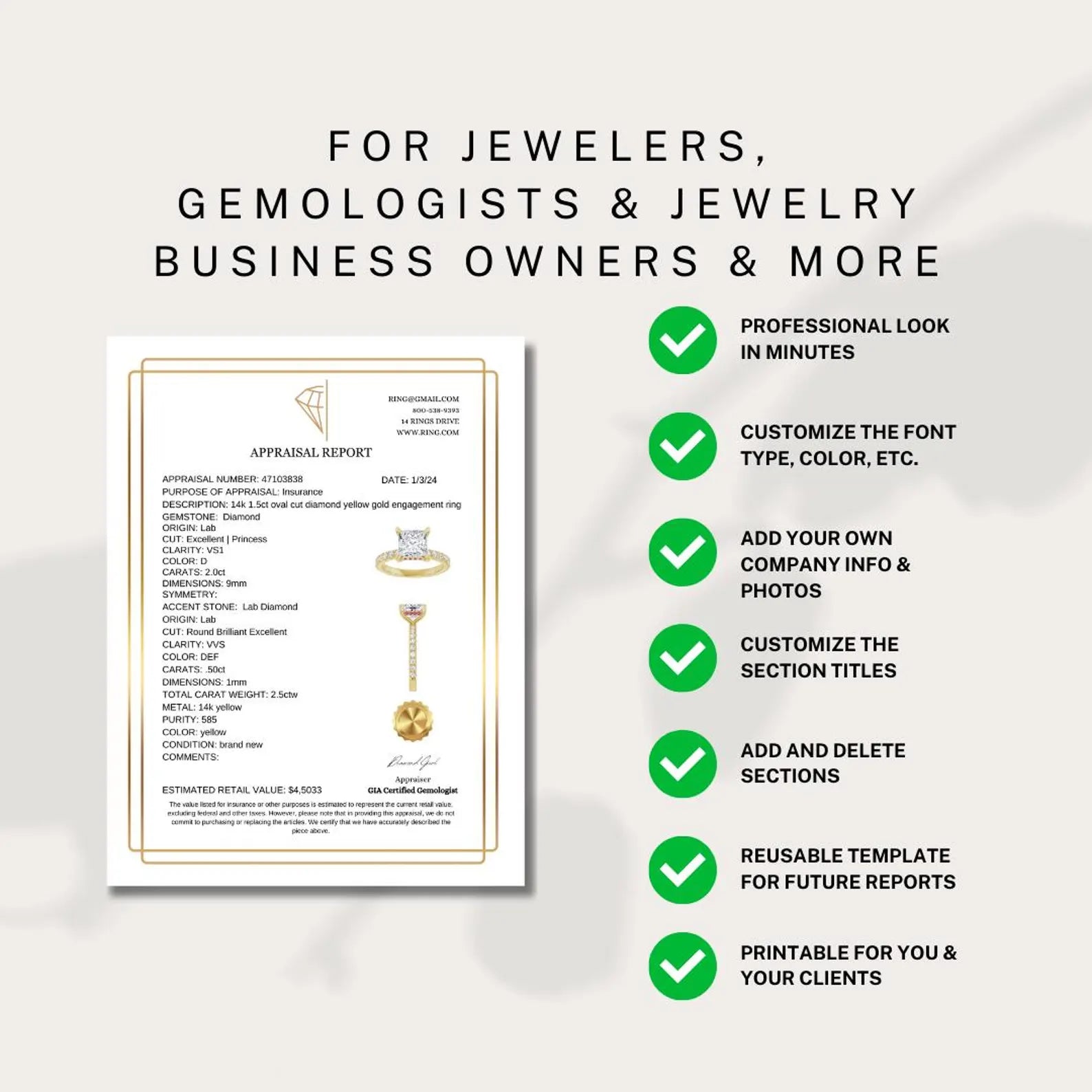 professional jewelry appraisal template for gemologists