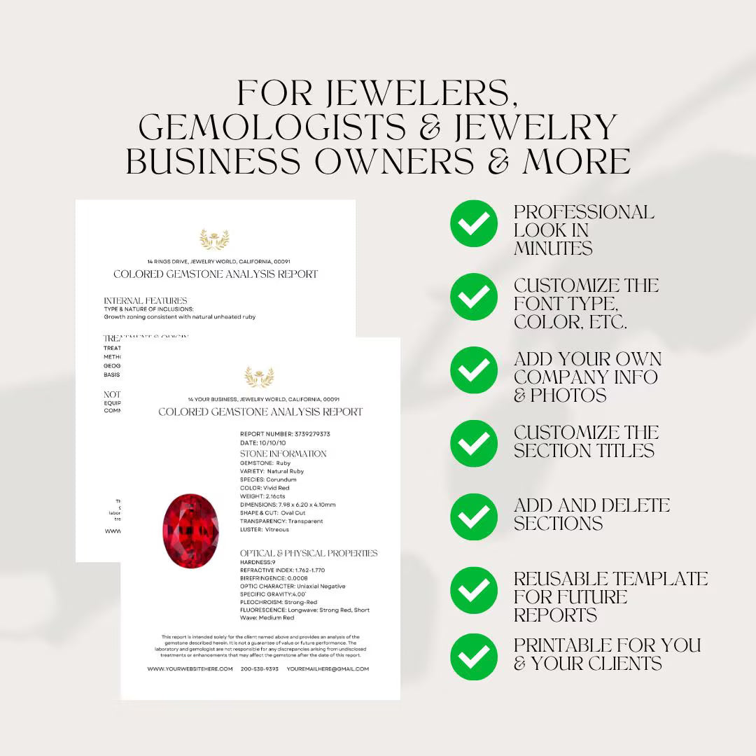 Colored Gemstone Analysis 2 Page Official Professional Report PDF Instant Download Template (DIGITAL)