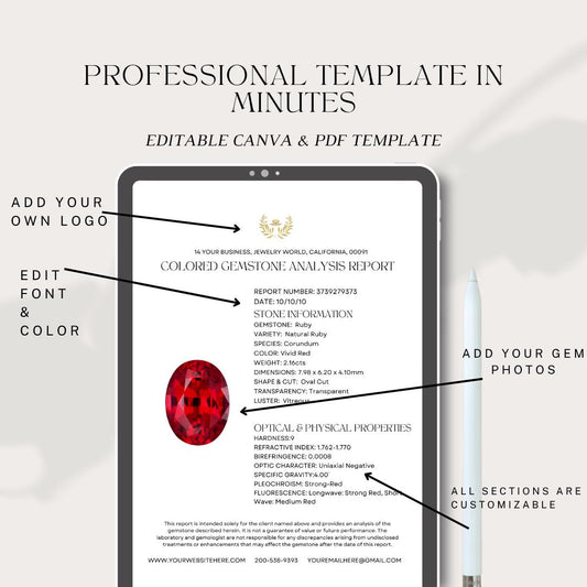 Colored Gemstone Analysis 2 Page Official Professional Report PDF Instant Download Template (DIGITAL)