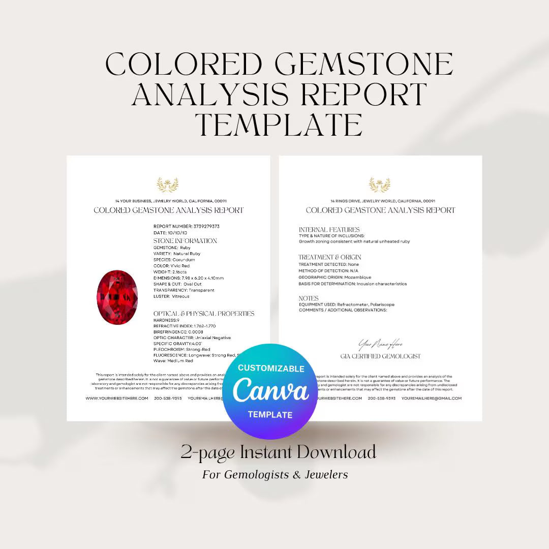 Colored Gemstone Analysis 2 Page Official Professional Report PDF Instant Download Template (DIGITAL)