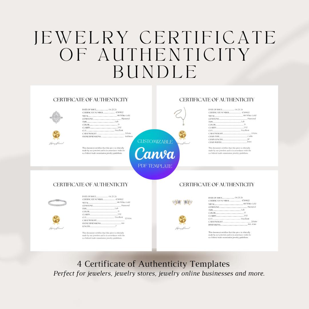 Jewelry Certificate of Authenticity 4 Page Bundle Official Professional Instant Download Template (DIGITAL)