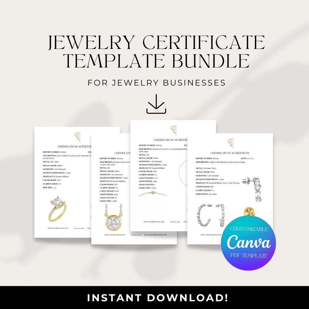 Jewelry Certificate of Authenticity 4 Template Bundle Official Professional Instant Download Template (DIGITAL)
