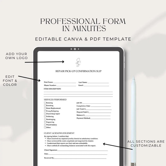 Jewelry Repair Intake & Pickup Forms Business Template PDF (Digital)