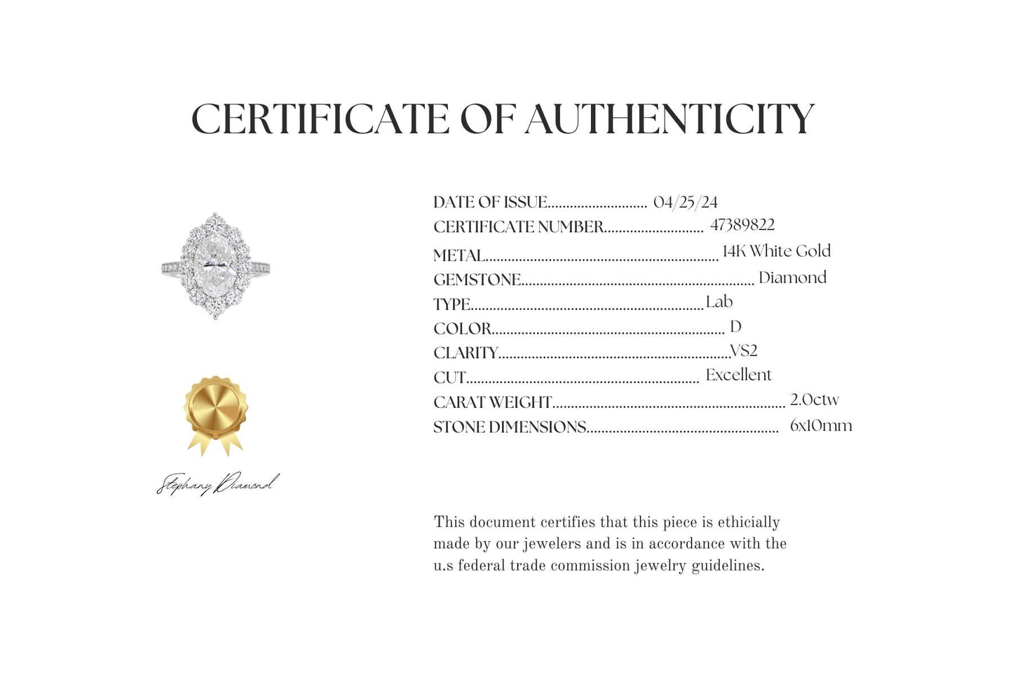 Certificate of authenticity template for jewelry

