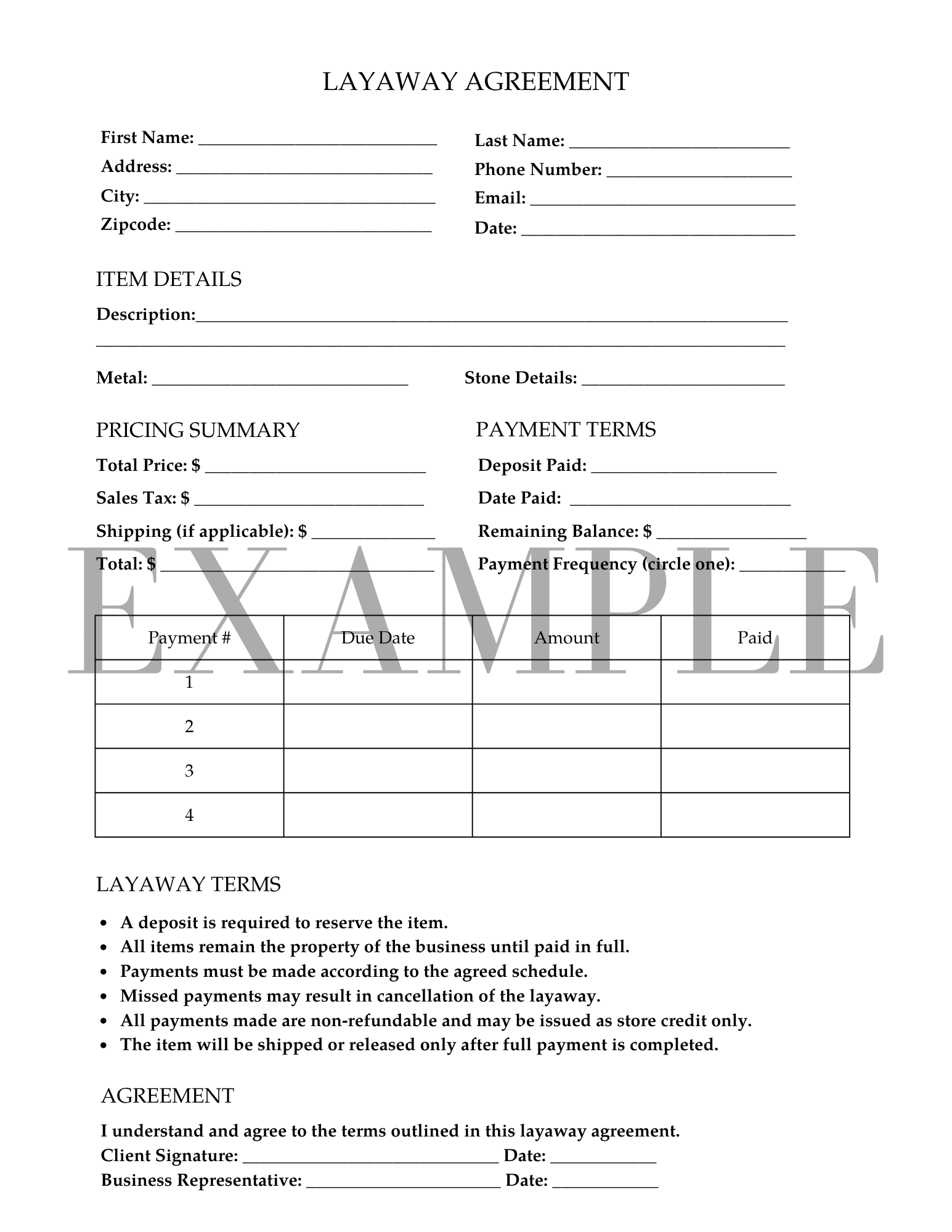jewelry layaway agreement printable instant download