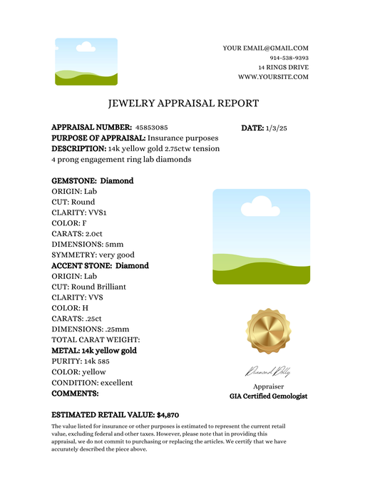 Jewelry appraisal report for a yellow gold ring with diamonds on a white background.