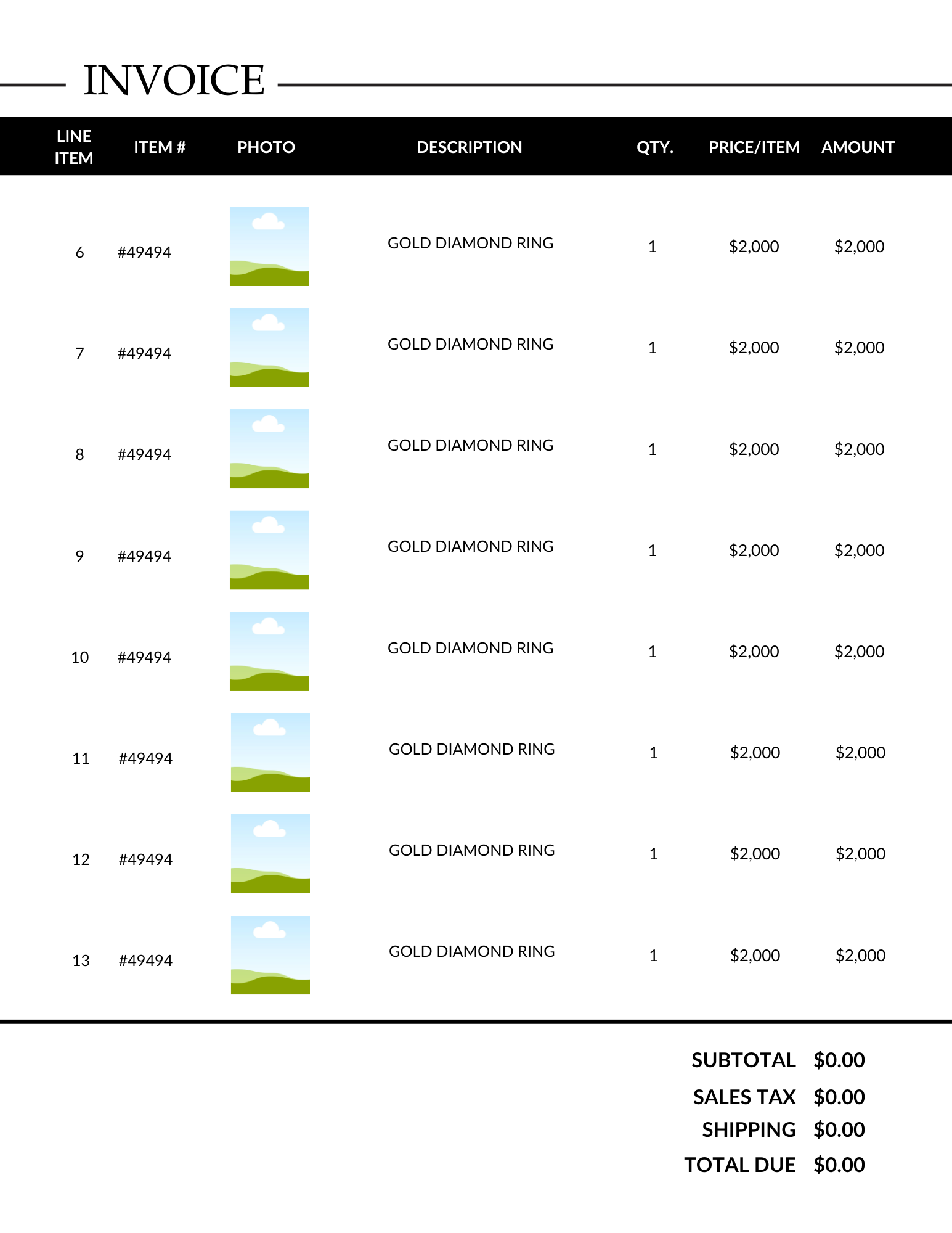 Invoice for gold diamond rings with product details and pricing.