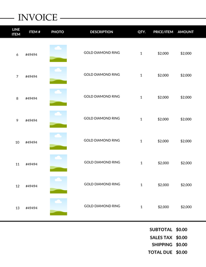 Invoice for gold diamond rings with product details and pricing.