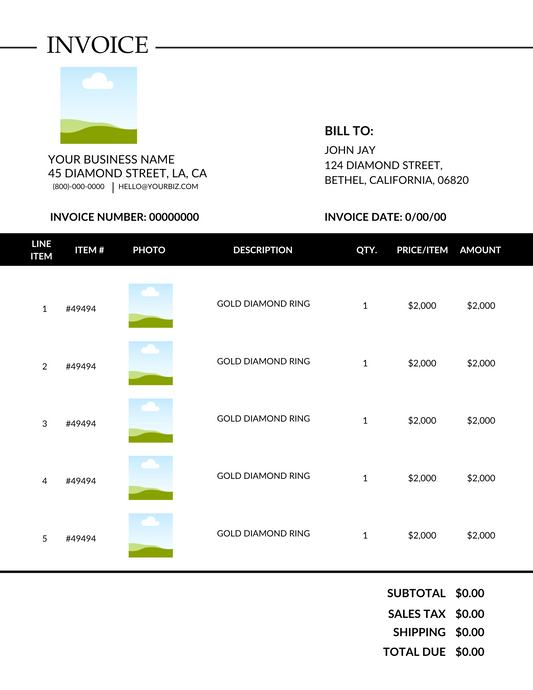 Invoice template with placeholder text and product details for gold diamond rings.